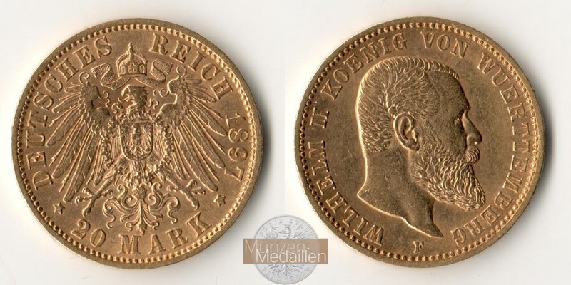 Deutsches Kaiserreich - Württemberg MM-Frankfurt Feingold: 7,17g Wilhelm II., 20 Mark 1897 F 