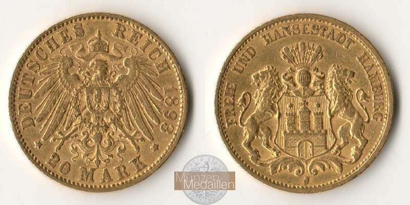 Deutsches Kaiserreich. Hamburg MM-Frankfurt KM#618 Feingold: 7,17g 20 Mark (1893-1913) 1893 J 