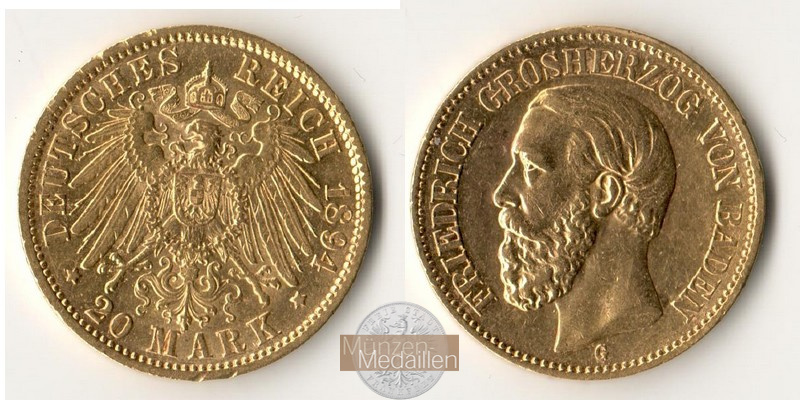 Dt. Kaiserreich Baden, Friedrich I MM-Frankfurt KM#270 Feingold: 7,17g 20 Mark (1894-1895) 1894 G 