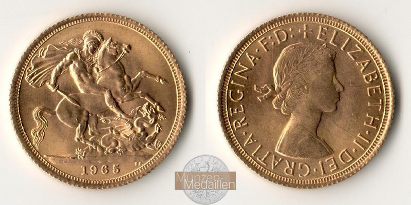 Grossbritannien, Elisabeth II. 1952-2022 MM-Frankfurt  Feingold: 7,32g Sovereign 1965 