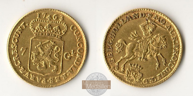 Niederlande, MM-Frankfurt  Feingold: 4,6g 7 Gulden 1763 