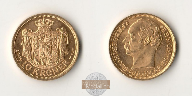Dänemark, Frederik VIII. (1906-1912) MM-Frankfurt Feingold: 4,03g 10 Kroner 1909 VBP 