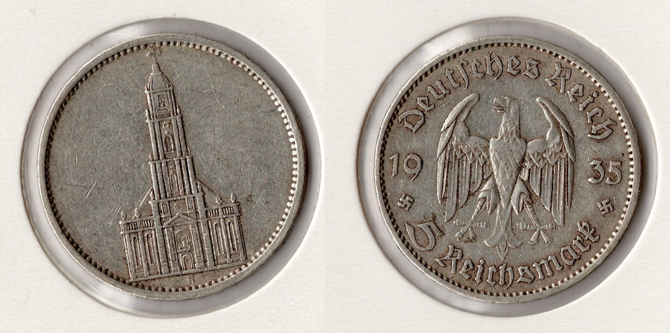  III. Reich 5 Reichsmark 1935 -A- Garnisonskirche Jaeger 357. Silber   