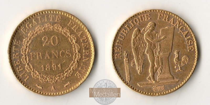  Republik Frankreich, 20 Francs 1891 A (1871-1898) MM-Frankfurt KM#825 Feingold: 5,81g   