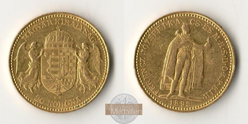 Ungarn Franz Joseph I MM-Frankfurt KM#486 Feingold: 6,10g 20 Kronen 1892 KB 