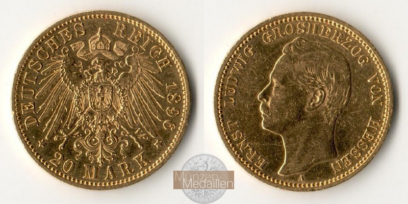 Dt. Kaiserreich Hessen,Ernst Ludwig. MM-Frankfurt Feingold: 7,17g 20 Mark 1896 A 