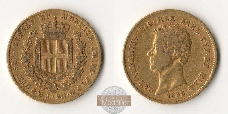 Sardinien MM-Frankfurt Feingold: 5,81g 20 Lire 1836 