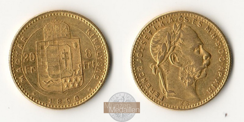 Ungarn MM-Frankfurt Feingold: 5,81g 8 Forint / 20 Franken 1890 