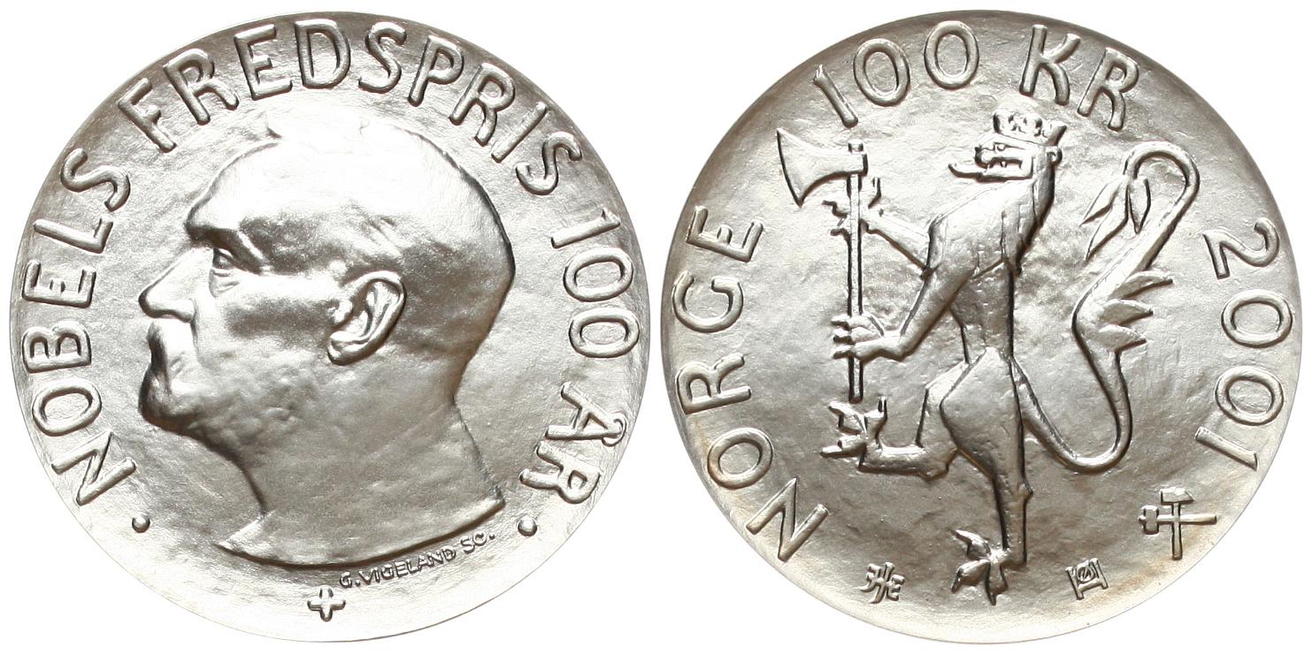  Norwegen: Harald V., 100 Kroner 2001, auf Alfred Nobel, stgl. mattiert, 1 Unze Feinsilber!   