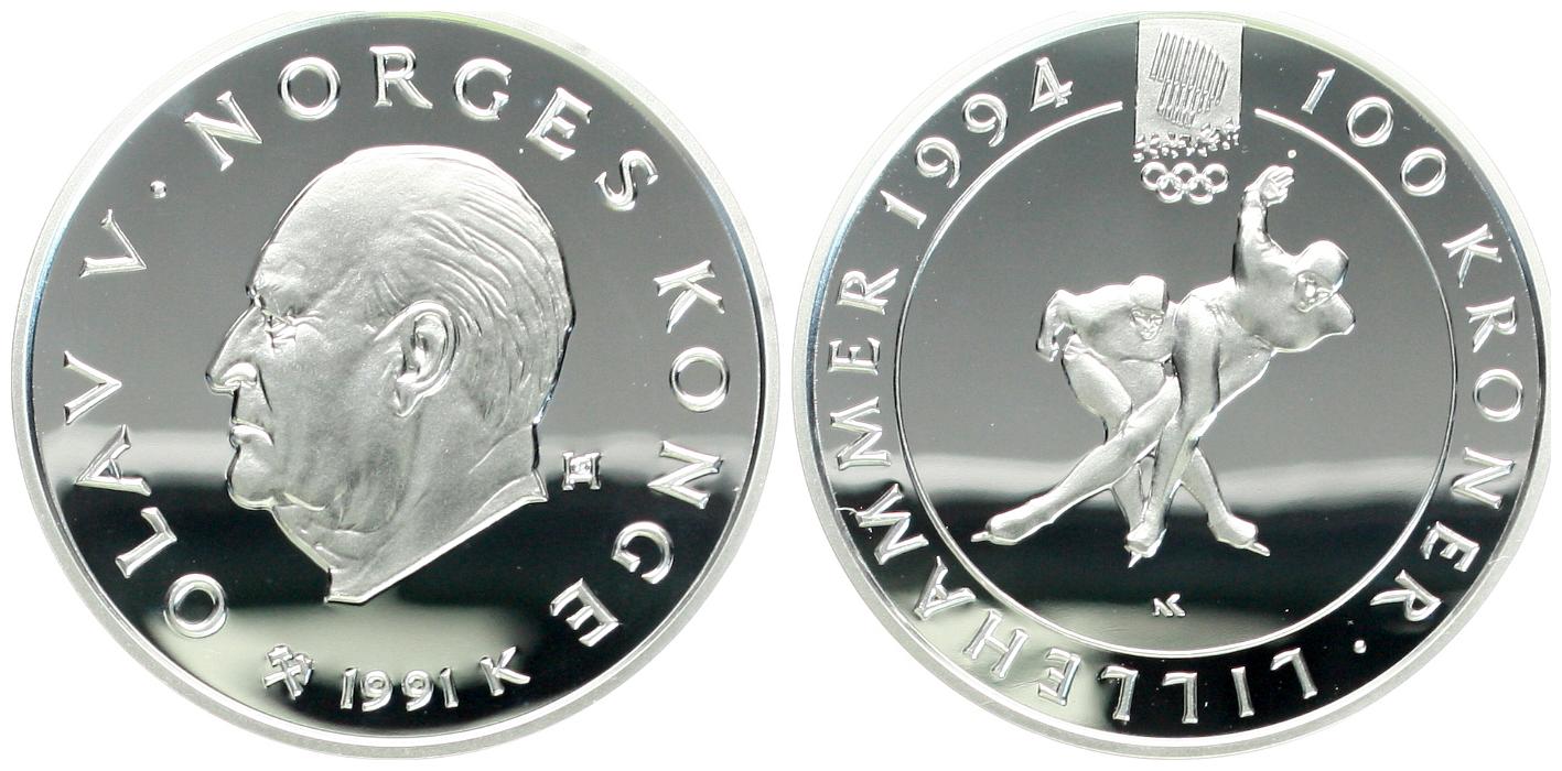  Norwegen: Olav V., 100 Kroner 1991 zur OL-Lillehammer, 33,8 gr. 925er Silber, 1 Unze Feinsilber!   