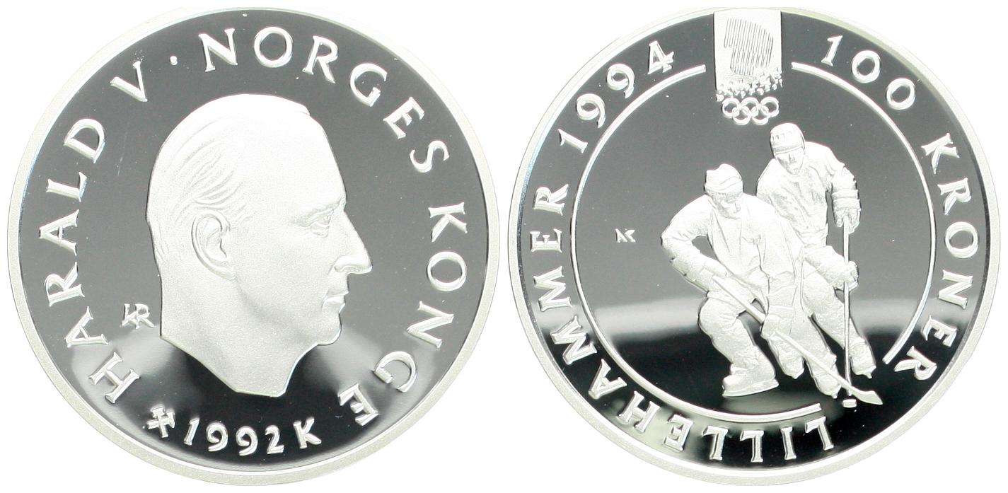  Norwegen: Harald V., 100 Kroner 1992 zur OL-Lillehammer, 33,8 gr. 925er Silber, 1 Unze Feinsilber!   