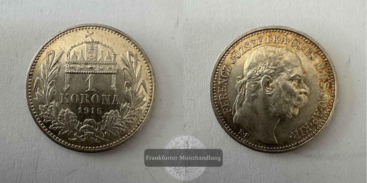  Ungarn 1 Korona Francis Joseph I 1915 (1912-1916) FM-Frankfurt KM#492 Feinsilber: 4,175g   
