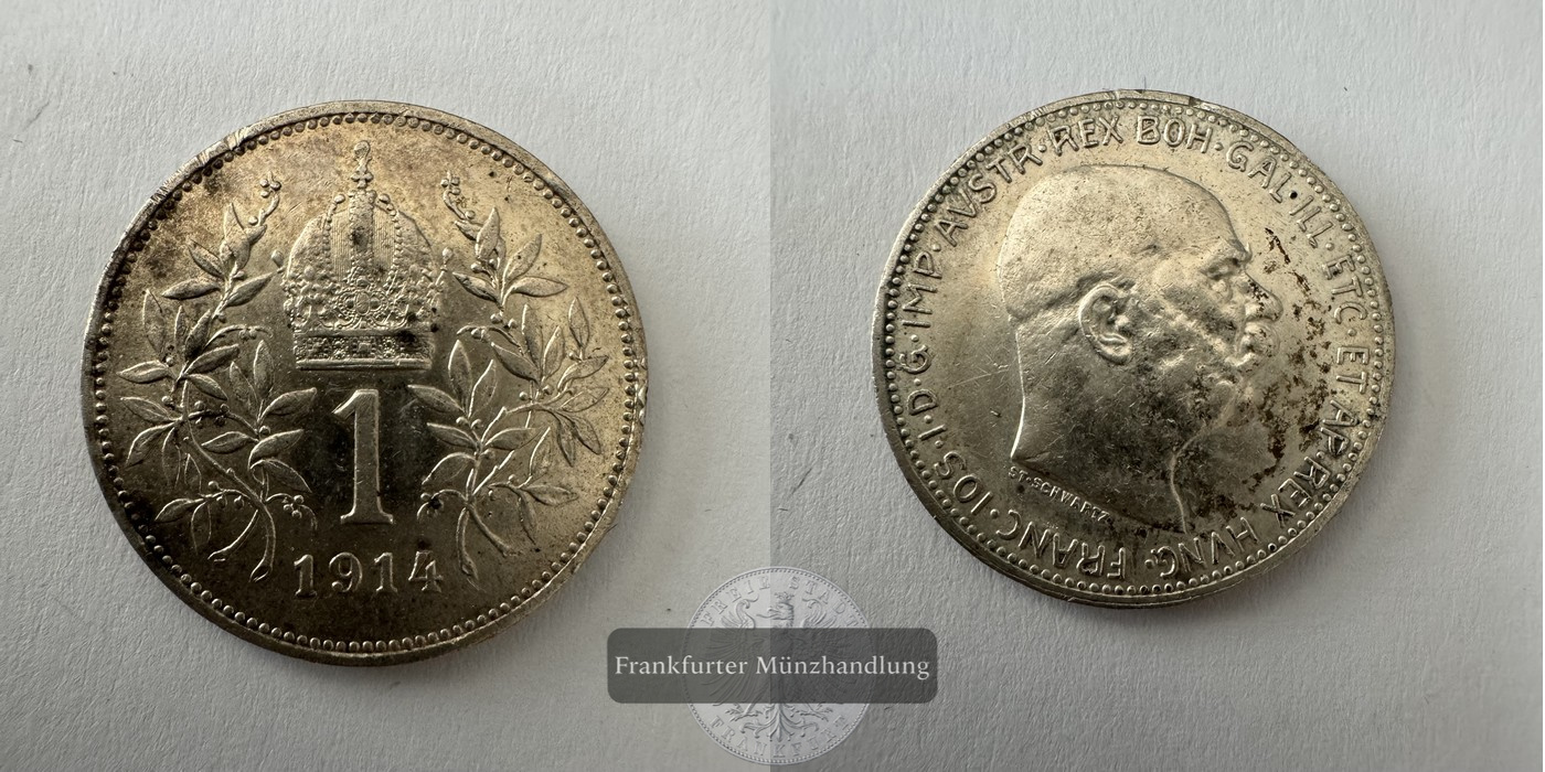  Österreich 1 Corona Francis Joseph I 1914 (1912-1916) FM-Frankfurt KM#2820 Feinsilber: 4,175g   