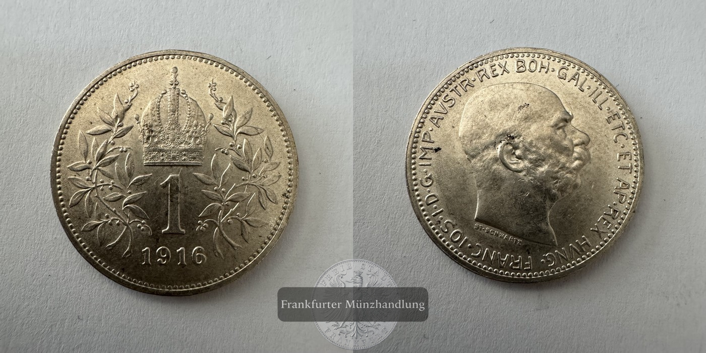  Österreich 1 Corona Francis Joseph I 1916 (1912-1916) FM-Frankfurt KM#2820 Feinsilber: 4,175g   
