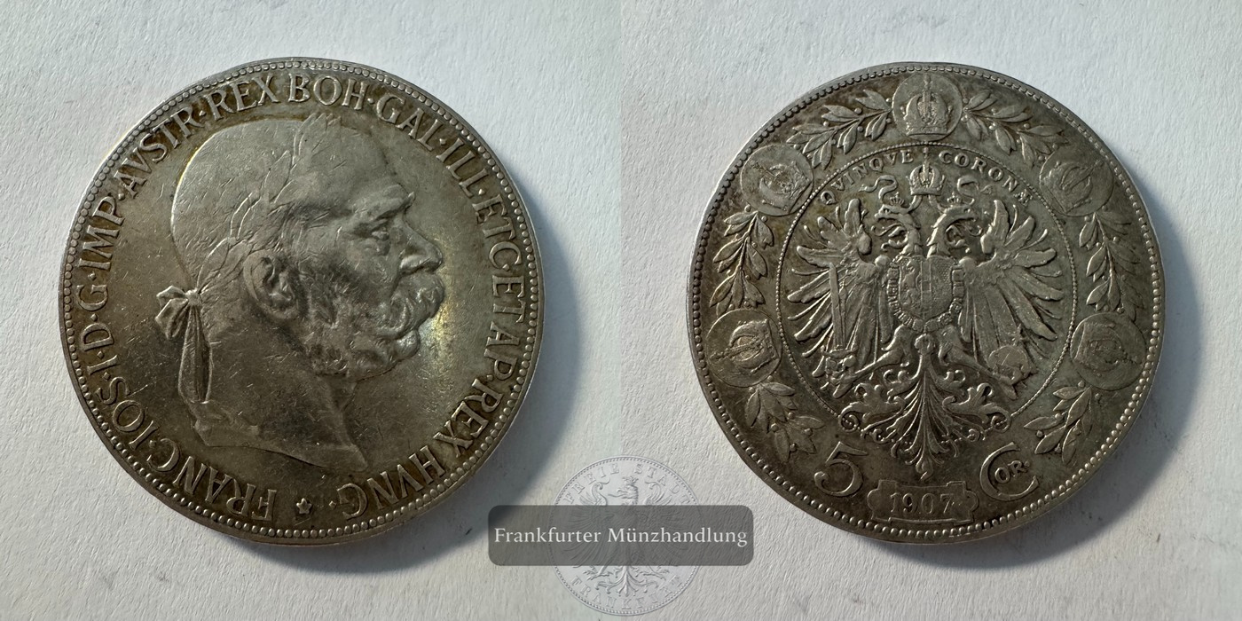  Österreich 5 Corona Francis Joseph I 1907 (1900-1907) FM-Frankfurt KM#2807 Feinsilber: 21,6g   