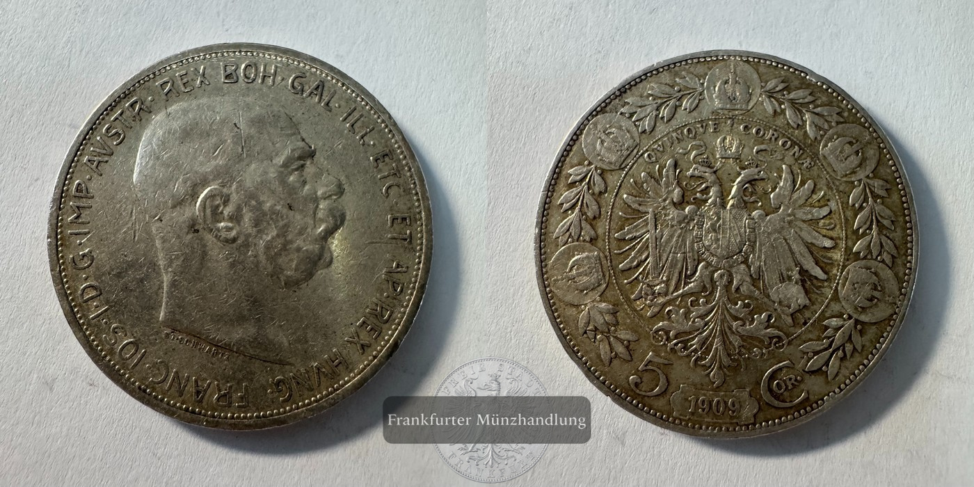  Österreich 5 Corona Francis Joseph I 1909 FM-Frankfurt KM#2813 Feinsilber: 21,6g   