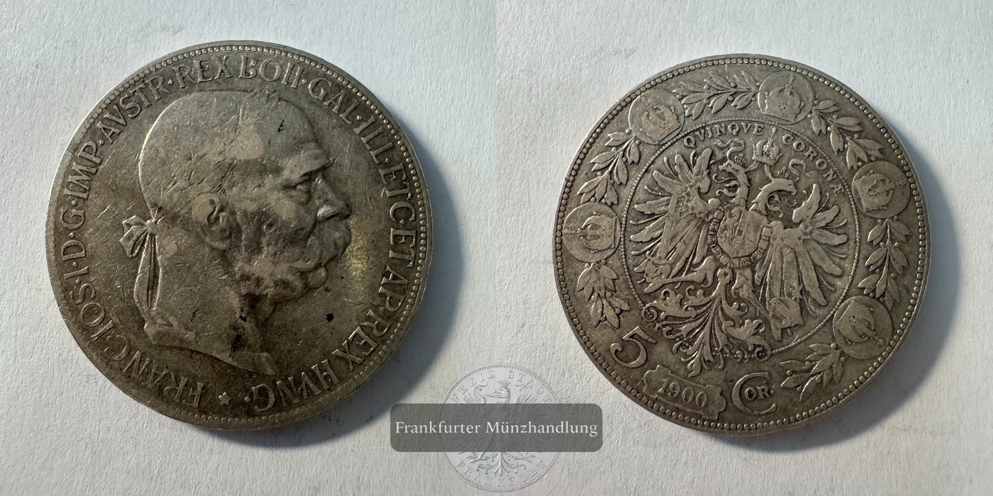  Österreich 5 Corona Francis Joseph I 1900 (1900-1907) FM-Frankfurt KM#2807 Feinsilber: 21,6g   