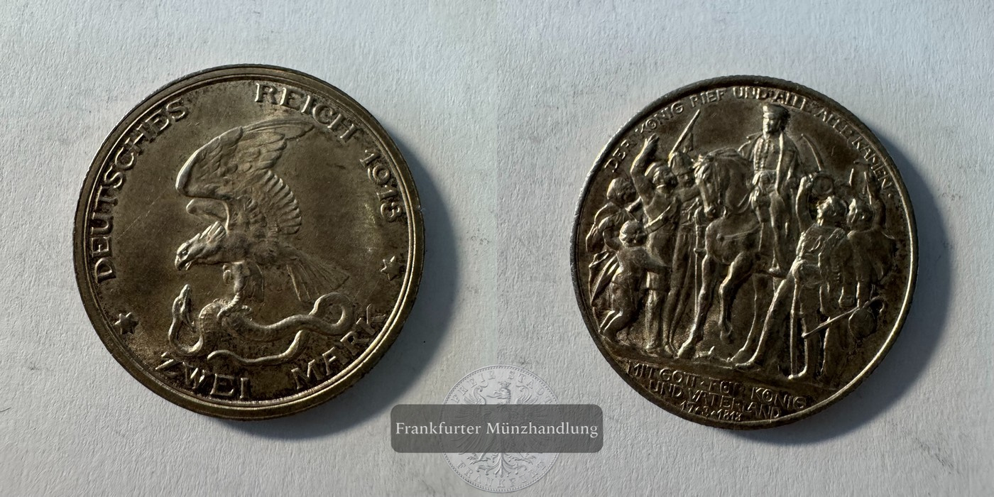  Kaiserreich Preussen, 2 Mark 1913 A Wilhelm II. Kriegserklärung FM-Frankfurt KM#532 Feinsilber: 10g   