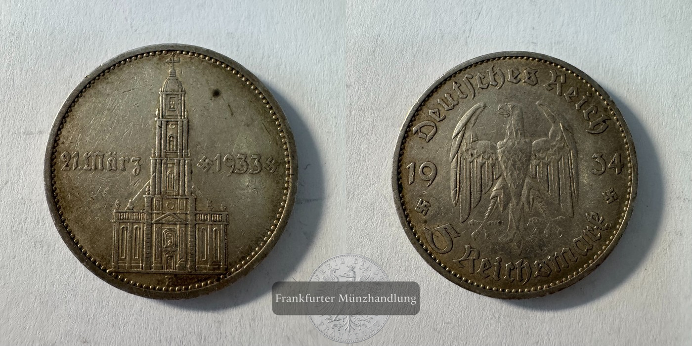 Deutschland Drittes Reich 5 Reichsmark, 1934 1. Jahrestag Garnison FM-Frankfurt Feinsilber:12,5   