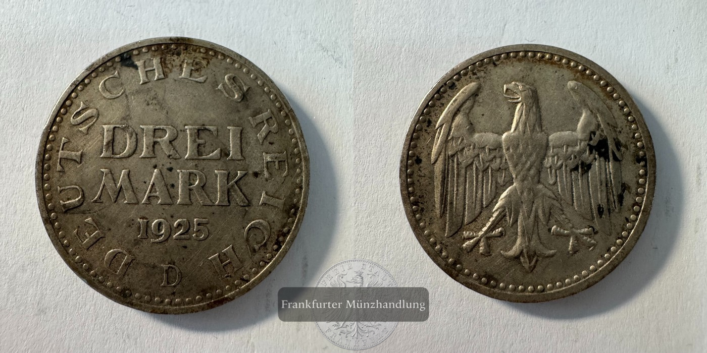  Weimarer Republilk, 1918-1932.  3 Mark 1925 D  FM-Frankfurt KM#43 Feinsilber: 7,5g   