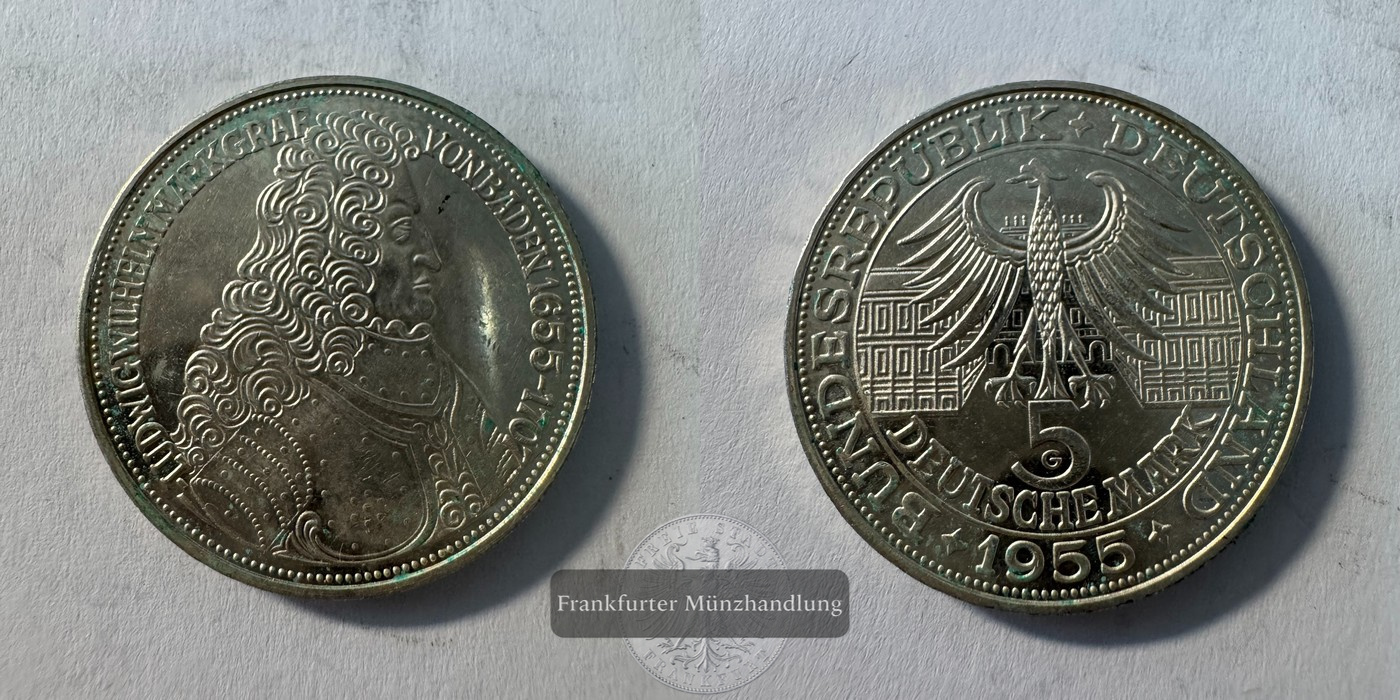  BRD 5 Deutsche Mark (Markgraf von Baden) 1955 FM-Frankfurt Feinsilber: 7g   
