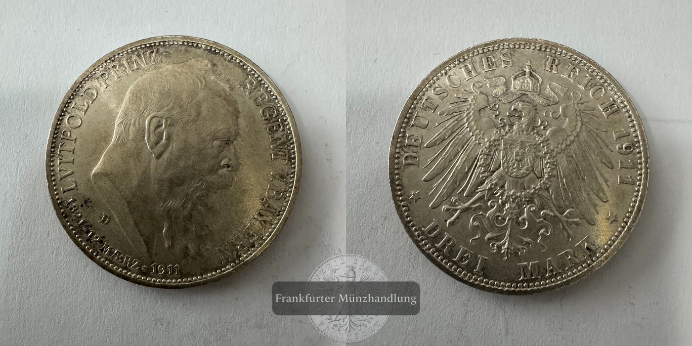  Dt. Kaiserreich Bayern 3 Mark 1911 90. Geb. v. Luitpoldt FM-Frankfurt KM#998 Feinsilber: 15g   