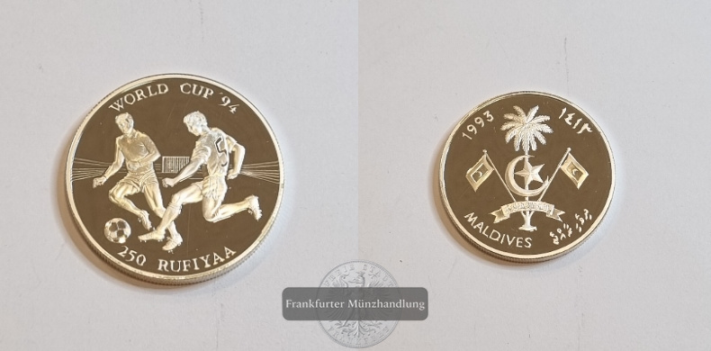  Malediven 1993 250 Rufiyaa Fußball-WM 1994 FM-Frankfurt Feinsilber: 29,11g   