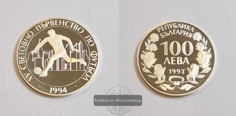  Bulgarien 1993 100 Lewa Fußball-WM 1994 FM-Frankfurt Feinsilber: 21,58g   