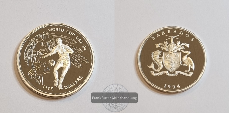  Barbados 1994 5 Dollar Fußball-WM 1994 FM-Frankfurt Feinsilber: 26,15g   