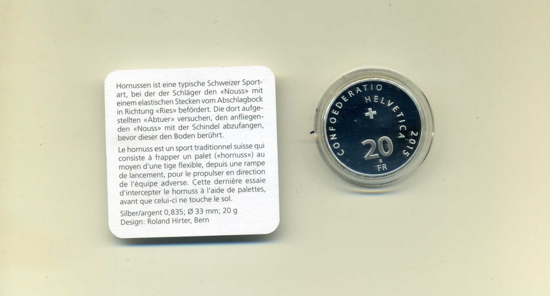  20 Franken 2015 Hornussen PP in Original Etui+Zertifikat   