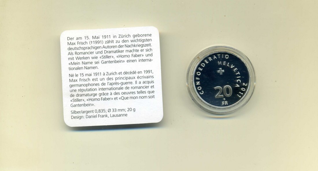  20 Franken 2011 Max Frisch PP in Original Etui+Zertifikat   