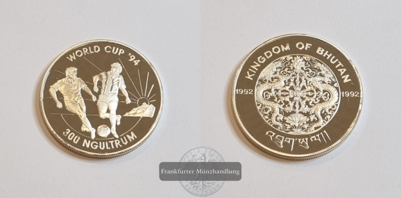  Bhutan 1992 300 Ngultrum Fußball-WM 1994 FM-Frankfurt Feinsilber: 29,1g   