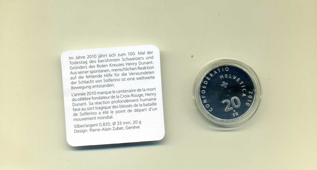 20 Franken 2010 Henri Dunant PP in Original Etui+Zertifikat   