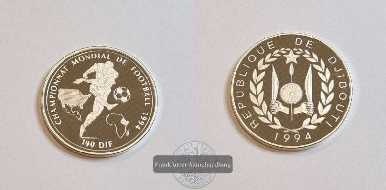  Djibouti 1994 100 DJF Fußball-WM 1994 FM-Frankfurt Feinsilber: 29,11g   