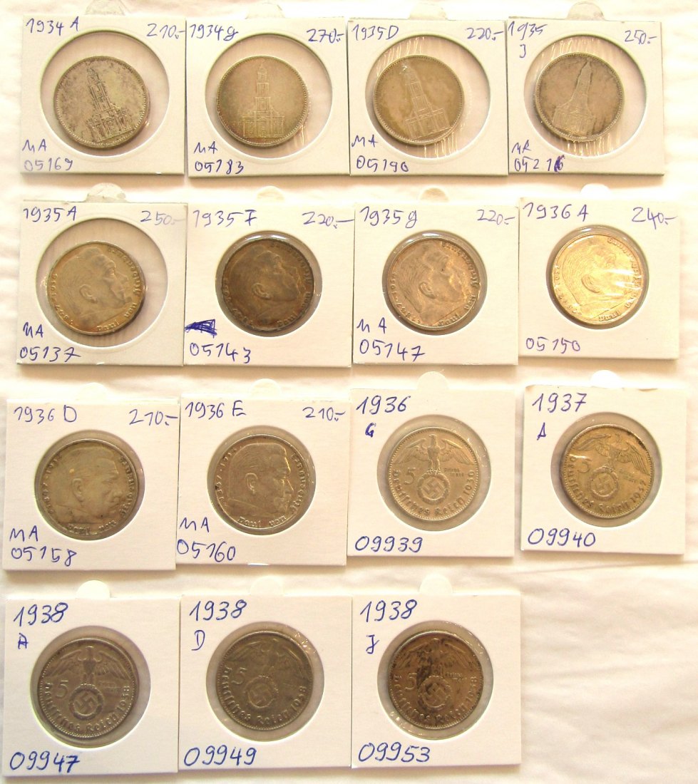  Deutschland, III. Reich: Lot von 15 x 5 Mark, keine doppelten! 208,2 gr. brutto, 187,38 gr. Fein!   