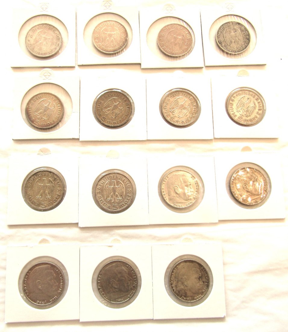  Deutschland, III. Reich: Lot von 15 x 5 Mark, keine doppelten! 208,2 gr. brutto, 187,38 gr. Fein!   