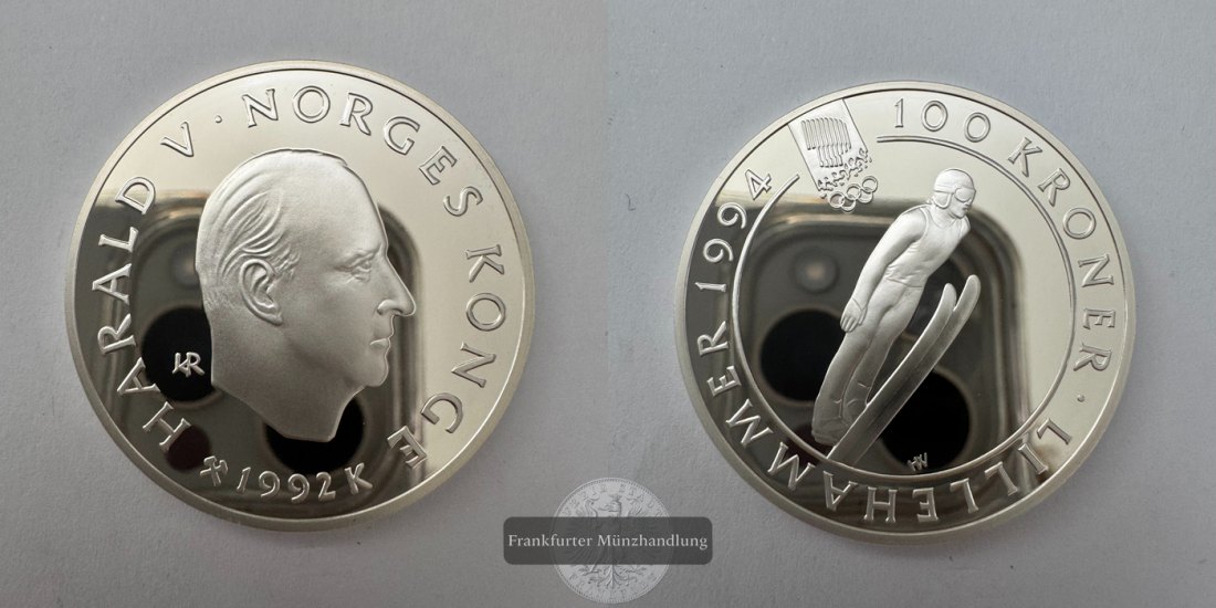  Norwegen 100 Kroner Harald V (1994 Winter Olympics Ski Jumping) 1992 FM-Frankfurt Feinsilber: 31,3g   