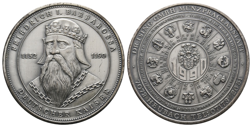  Kalendermedaille 1990; Friedr. I. Barbarosssa; Münzprägeanstalt; versilb. Bronze; 50,58g; Ø 50,55 mm   