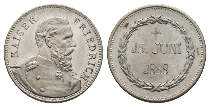  Medaille; Kaiser Friedrich; 15. Juni 1888; versilberte Bronze; 5,24 g; Ø 23,98 mm   