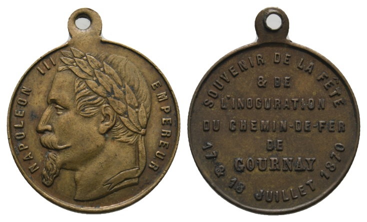  Medaille; Napoleon III; 17. & 18. Juli 1870; Gournay Eisenbahn; Bronze; tragbar; 4,66 g; Ø 23,34 mm   
