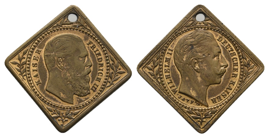  Medaille/Klippe; Friedrich III; Wilhelm II; Bronze; gelocht; 3,40 g; 26,09 mm x 25,94 mm   
