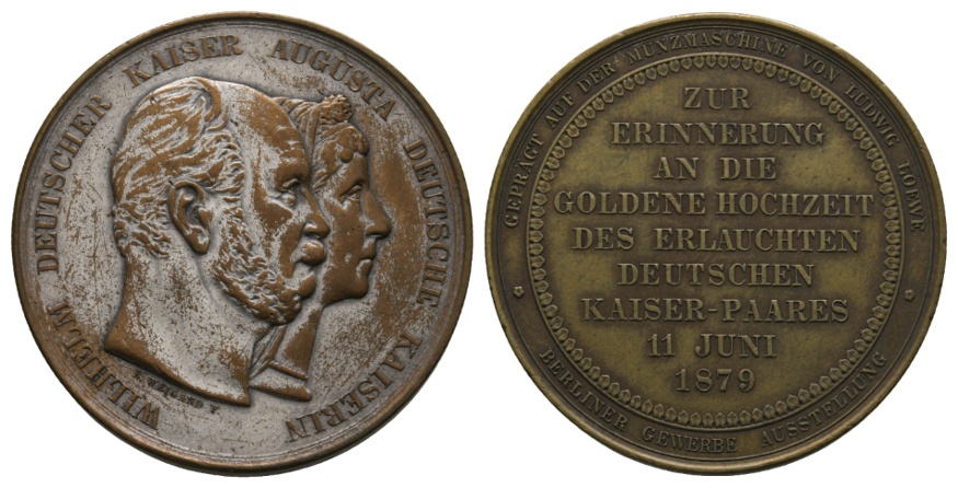  Medaille; Kaiserpaar; goldene Hochzeit 11. Juni 1879; Bronze; 23,43 g; Ø 38,08 mm   
