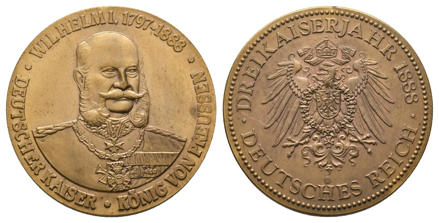  Medaille; Wilhelm I; Dreikaiserjahr 1888; vergoldete Bronze; 13,56 g; Ø 32,09 mm   