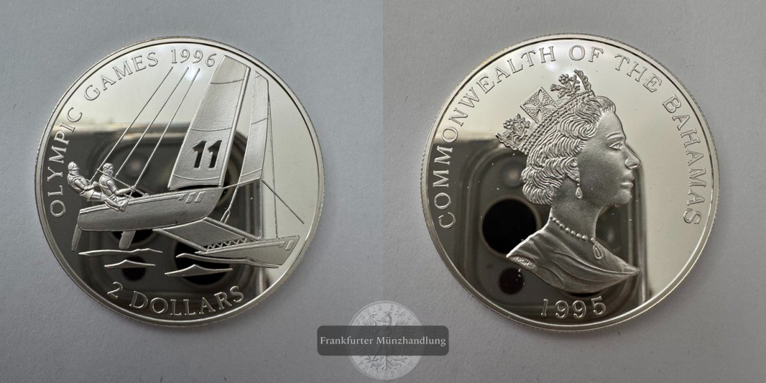 Bahamas 2 Dollars Elizabeth II (Catamaran Sailing) 1995 FM-Frankfurt KM#183 Feinsilber: 21,58g   