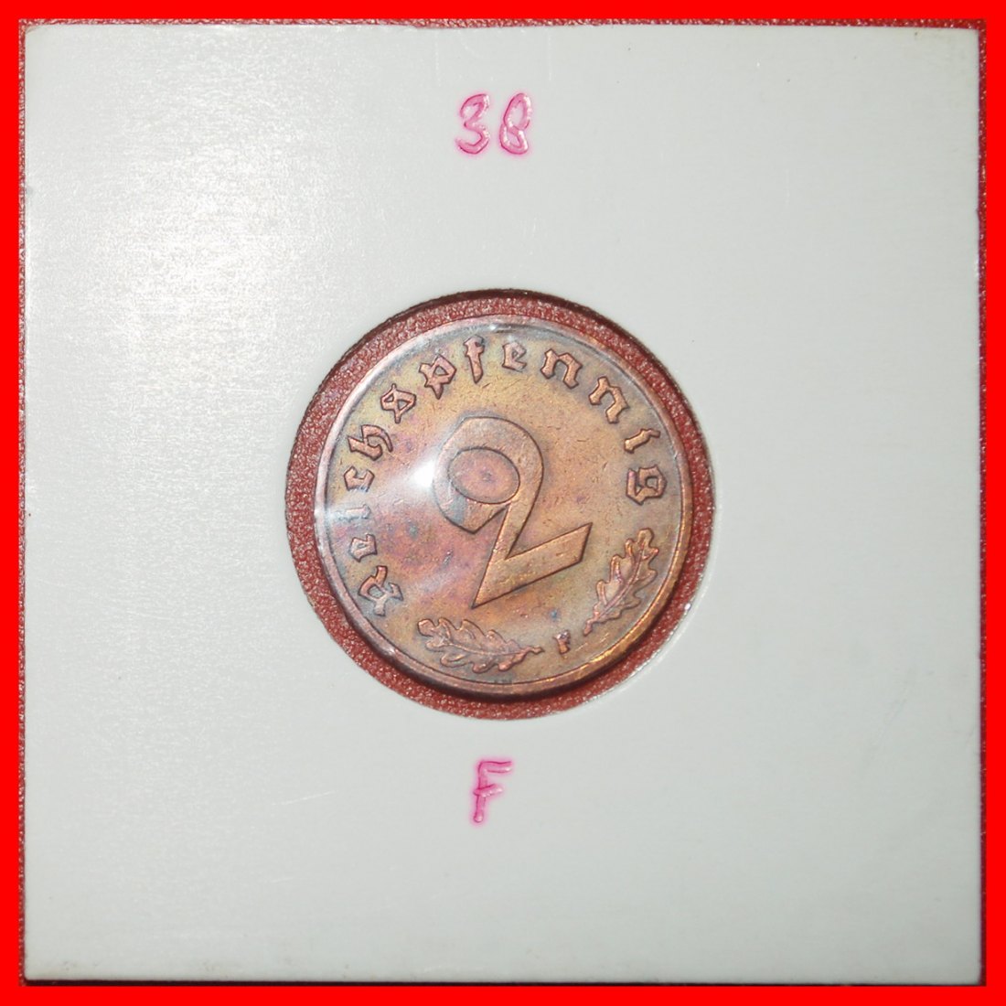 Ⰶ SWASTIKA 1936-1940:GERMANY★2 PFENNIGS 1938F THIRD REICH 1933-1945 WUERTTEM★LOW START ★ NO RESERVE!   