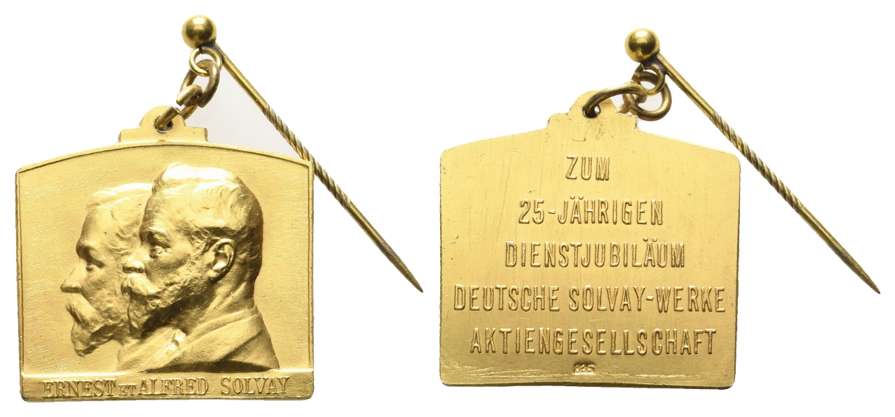  Plakette; Ernst u Alfred Solvay; Dienstjubiläum; verg. Silber; tragbar; 12,50 g H 28,58 x B 28,71 mm   