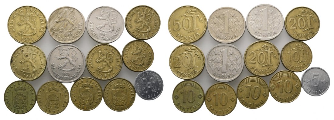  Ausland; Finnland & Lettland; Lot Kleinmünzen (13 Stück)   