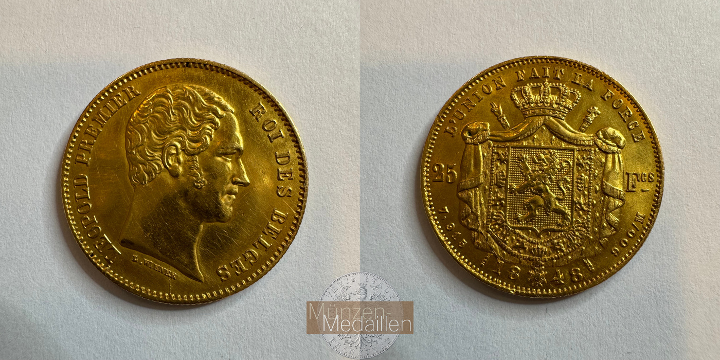  Belgien 25 Francs Léopold I 1848 (1848-1850) MM-Frankfurt Feingold: 7,124g   