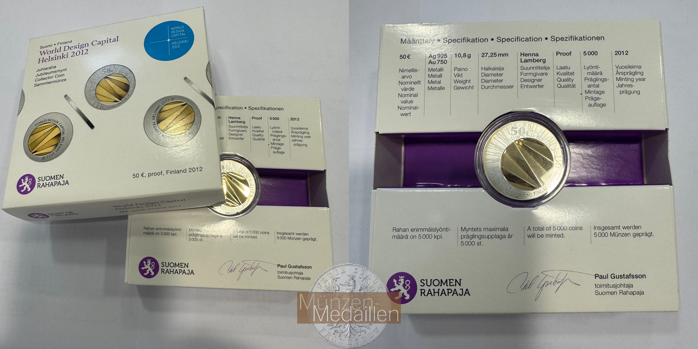  Finnland 50 Euros World Design Capital Helsinki 2012 MM-Frankfurt Feingehalt: Au: 3,75g / Ag: 5,37g   