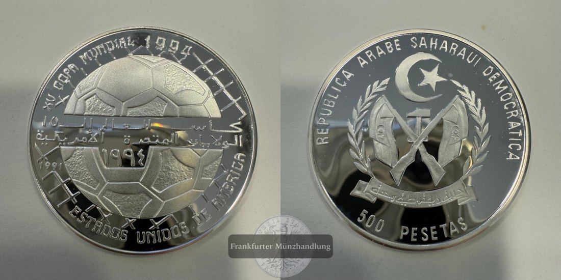  Westsahara 500 Pesetas (Soccer) 1991 mit Sammelbox FM-Frankfurt Feinsilber: 16g   